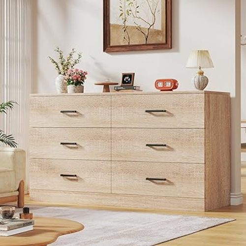 6 Drawer Dresser for Bedroom, Wooden Chest of Drawers with Metal Handles, Mid Century Modern Bedroom Dressers, TV Stand Large Storage Organizer for Living Room, Entryway, Light Oak