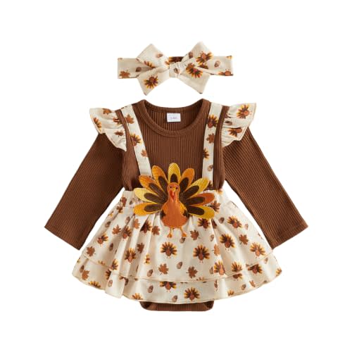 Baby Girl Thanksgiving Outfit Turkey Romper Dress Cute Headband | My First Thanksgiving Baby Girl Outfit,Newborn Ribbed Romper,Fall Baby Girl Clothes,Baby Turkey Outfit,0M 3M 6M 12M 18M