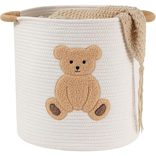 Large Blanket Baskets for Living Room Decor, Toy Storage Baskets Woven Cotton Rope Teddy Storage Basket for Kids, Dog Toys Organizer Clothes Hamper with Embroidery Decor for Nursery (Large, Bear)