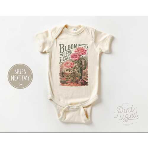 Bloom Where You Are Planted Baby Onesie® - Cute Religious Boho Bodysuit - Cactus & Rose Natural Onesie®
