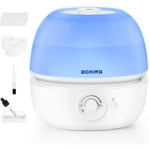 BOXING 3L Cool Mist Humidifier, Ultra Quiet 20dB for Bedroom, Baby & Office, Top Fill Air Humidifier for Home Office & Indoor Plants, 30H Runtime, Essential Oil Tray, Night Light, BPA-Free, White