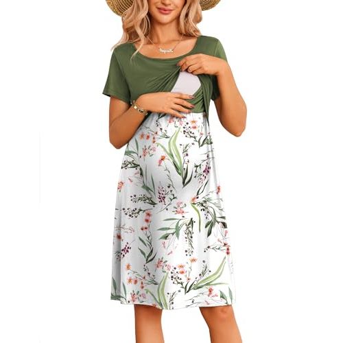 Ekouaer Women's Nursing Dress Summer Short Sleeve Patchwork Maternity Breastfeeding Knee Length Dress