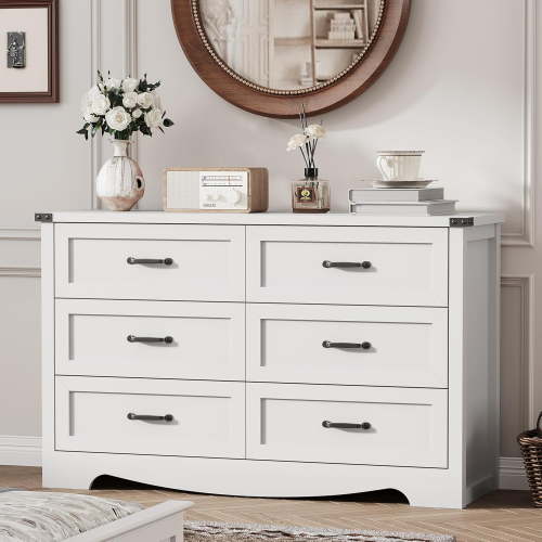 FANRAL 6 Drawer Dresser for Bedroom,Modern Wooden Chest of Drawers,Storage Organizer Dresser for closet,White Dresser