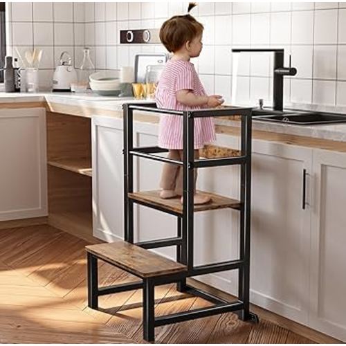 Kitchen Step Stool for Toddlers, Height Adjustable Toddler Tower with Safety Rail, Steel and Wood Toddler Kitchen Stool Helper Kids, Stool for Kids, Learning Tower, Kids' Desk Brown