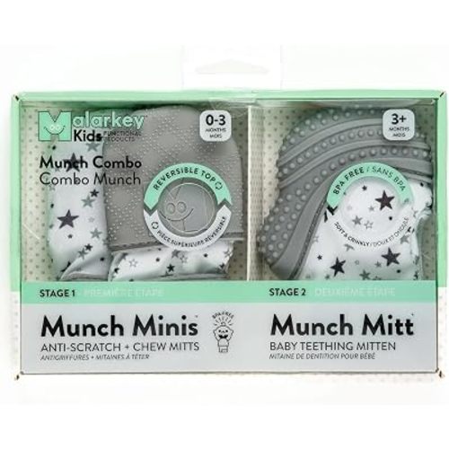 Malarkey Kids Munch Minis Combo Baby Teething Mitt Set (0-7 Months) - Anti-Scratch Newborn Mittens & Silicone Teether Gloves – Self-Soothing Chew Toy with Crinkle Sound - Grey Stars