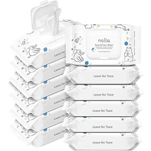 Nolla Nose and Face Wipes for Babies & Kids with Saline, Vitamin E, & Aloe | Unscented | Compostable, 360 Count (12 Packs of 30)