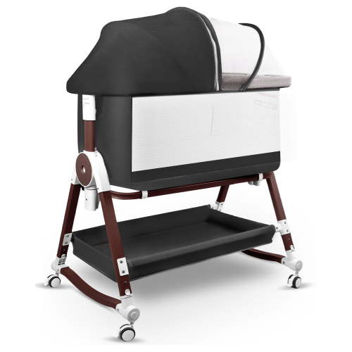 4 in 1 Baby Bassinet Bedside Sleeper W/ Wheels, Storage Basket, Adjustable 7 Heights, Mosquito Net, Breathable Mesh Cradle for Infants Toddler,Black