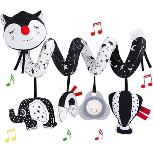 Car Seat Toys, High Contrast Black and White Toy for Infants 0-3 6 12 Months, Musical Black Fox Carseat Toys Stroller Toy for Babies Newborns