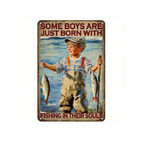 Vintage Fishing Metal Sign - Humorous Mural Designed With Cute Boy And Fish - Rustic Metal Decoration Bars, Cafes, Restaurants, Garages, Kitchens, Or Gyms, Cafe Artwork|Vintage Wall Art|Durable Mural, Seaside Home Decor 8* 12inch | SHEIN USA