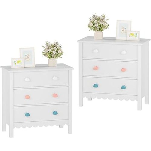 White 3 Drawer Nightstands Set of 2, 27.56" Wide Wooden Night Stand with Colorful Cloud Handle, Cute Scalloped Dresser Bedside Table for Bedroom, Hallway, Living Room