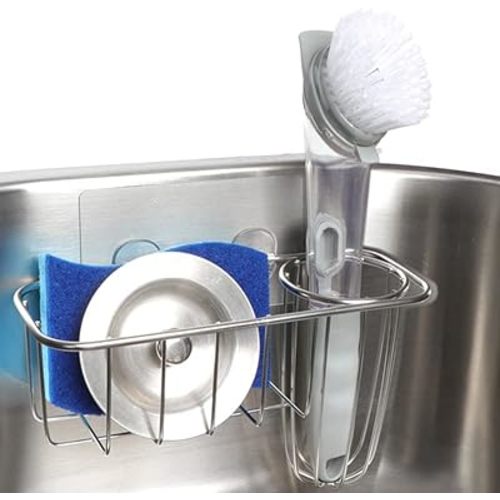 HULISEN 3-in-1 Sponge Holder for Kitchen Sink with Dish Brush Holder, Stainless Steel Caddy for Soap, Scrubber, No Drill and Rustproof, Silver