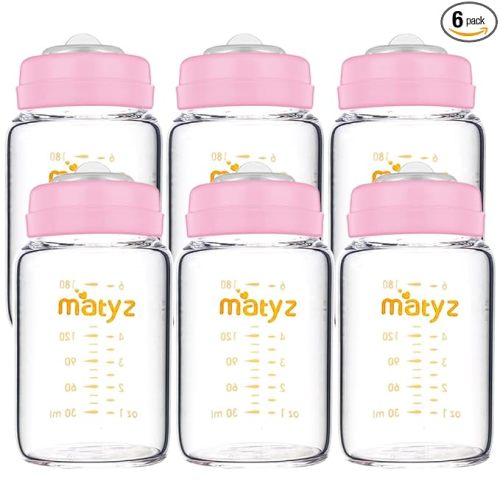 Matyz Glass Breastmilk Storage Containers, 6 Pack, 6 oz Bottle, Compatible with Spectra Medela Philips Pump - Freezer Safe Storage Bottles Set - Leakproof Glass Baby Bottles - No BPA (Pink Lids)