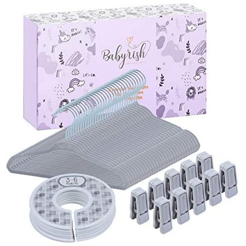 Babyrish Unisex Nursery Closet Organizer Set-Neutral Grey Nonslip 30X Velvet Hangers for Baby Clothes with 8X Closet Size Dividers (Newborn Infant to Toddler) and 10X Hanger Clips - All in Cute Box