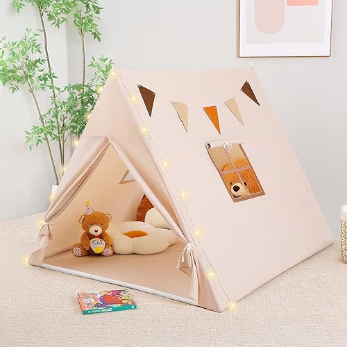Kids Tent Indoor with Star Lights and Flags - Play Tent for Kids Ages 4-8, Toddler Playhouse for Girls Boys, Khaki