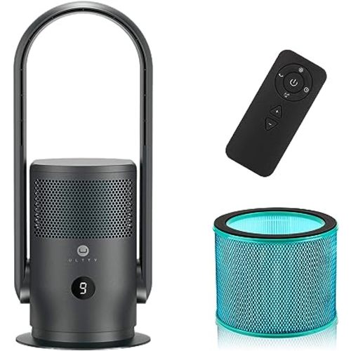 ULTTY Bladeless Tower Fan and Air Purifier in one, 90° Oscillating Bladeless Fan with Remote, Touch, 8H Timer, Floor Fans for Bedroom Whole Room Home Office R021, Black