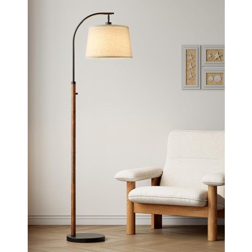 Dimmable Floor Lamp for Living Room, 65" Tall Metal Standing Lamp with LED Bulb, Mid Century Modern Arc Floor Lamp with Linen Shade for Bedroom, Reading Room, Office & Nursery, Gold and Walnut Color