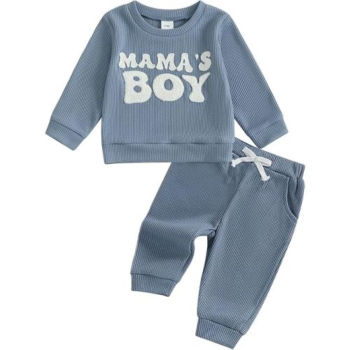 Toddler Baby Boy Fall Winter Clothes Mama's Boy Outfits Letter Waffle Knitted Sweatshirt Tops and Casual Pants Set
