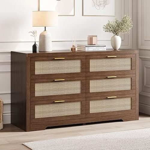 6 Drawer Rattan Dresser for Bedroom,Boho 47.2" Wide Wooden Chest of Drawers,Dresser TV Stand with Metal Handle,Large Storage Closet Organizer for Living Room,Hallway,Walnut