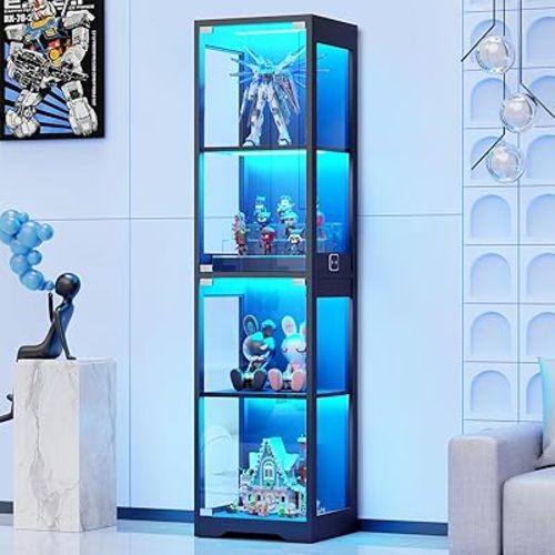 Glass Display Cabinet, 4-Tier Curio Cabinets with 3 Color Lights for Collectibles, Storage Cabinet with Door, Glass Display Case & Bookcase with Human Body Sensor, Black