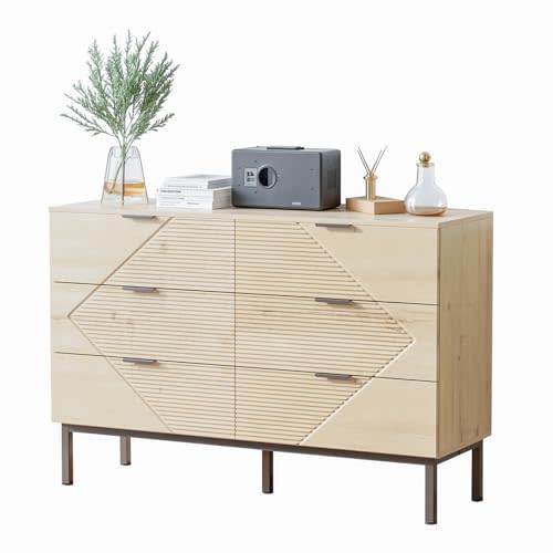 VDNEND Dresser for Bedroom with 6 Drawer, Farmhouse Wood Dresser Storage Drawers, Espresso Long Double Fluted Dressers, Closet Organizers TV Stand for Living Room,Hallway (1, White Oak)