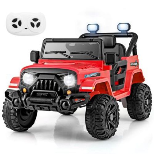 Costway 12V Kids Ride on Truck Car w/Remote Control, Threaded Wheels 3 Speeds LED Lights Red