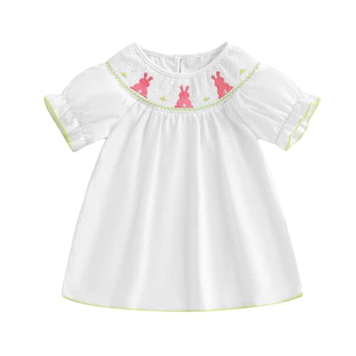 AHUGHAUE Toddler Girl Easter Smocked Dress Fly/Short Sleeve Bunny Embroidery Dresses Cute Summer Smocked Outfit