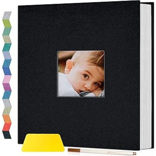 Popotop Photo Album Self Adhesive with Picture Display Window,40 Pages DIY Scrapbooking Supplies Kit for 4x6 8x10 Picture,Linen Cover Memory Book for Baby Wedding, with Scraper and Metallic Pen