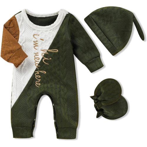 GRNSHTS Newborn Baby Boy Romper Coming Home Outfits Letter Print Bodysuit Jumpsuit+Hat+Gloves 3PCS Clothes Set