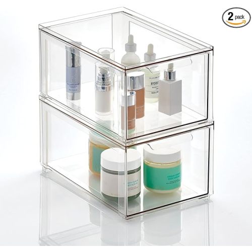 mDesign Plastic Stackable Bathroom Storage with Pull Out Bin Organizer Drawer for Cabinet, Vanity, Shelf, Cupboard, Cabinet, or Closet Organization - Lumiere Collection - 2 Pack - Clear