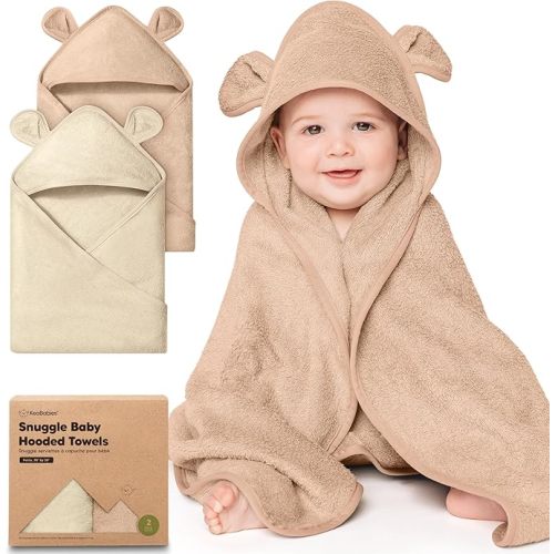 KeaBabies 2-Pack Baby Hooded Towels for Newborn - 76x76cm Soft & Absorbent Viscose from Bamboo Baby Towels with Hood for Infant, Toddler, Kids, Boys Girls, Newborn Bath Essentials (Almond, Petite)