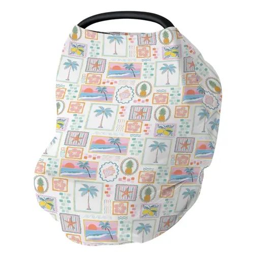 Colorful Beach Patchwork Baby Car Seat Covers Bright Summer Seashells Girly Stretchy 5-in-1 Cover Adjustable Car Canopy Breastfeeding Cover Pineapple Lemon Palm Tree Breathable Nursing Cover-Up