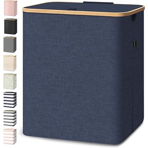 BALEINE Laundry Hamper with Lid, Tall Laundry Baskets with Bamboo Pull Handles, Large Laundry Bin with Internal Support (36 Gal/140L, Blue)