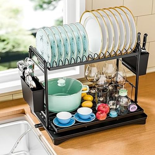 Simple Trending Dish Rack, Dish Drying Rack 2 Tier, Stainless Steel Dish Drainers with Utensil Holder and Drainboard for Kitchen Sink Organizers, 12" w x 16.6" L, Black