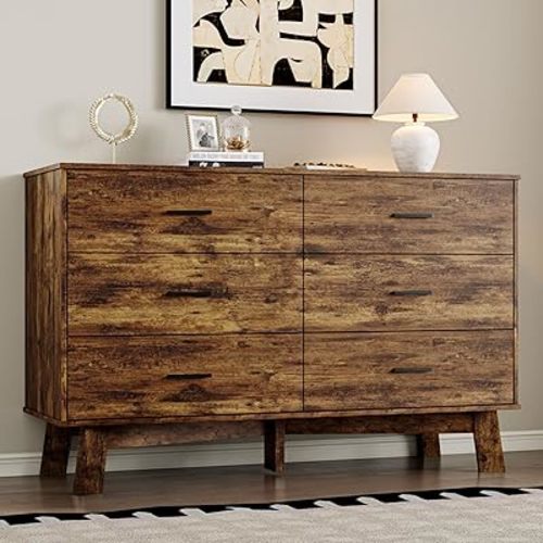 Dresser for Bedroom with 6-Drawer, 47.3" Modern Chest of Drawers with Metal Handles, X-Shape Base & Adjustable Center Leg, Anti-Tip Closet Organizers and Storage