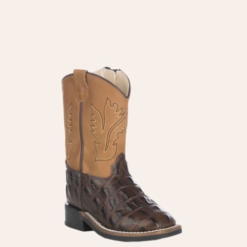Old West Toddler Chocolate Croc Print and Tan Wide Square Toe Cowboy Boots