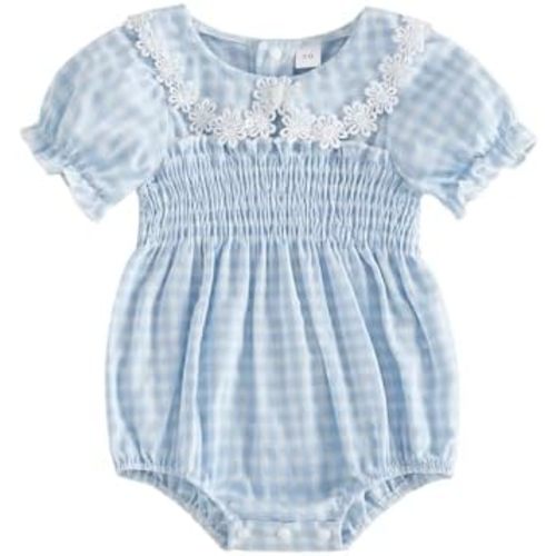 MERSARIPHY Newborn Baby Girl Summer Clothes Peter Pan Collar Plaid Flower Smocked Bubble Short Sleeve Romper One Piece Outfit