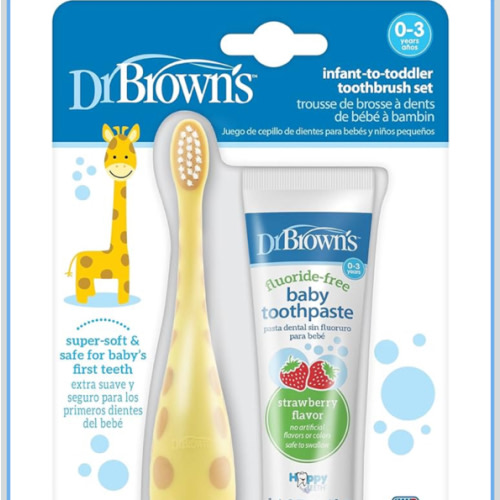 Dr. Brown's Infant-to-Toddler Training Toothbrush Set with Fluoride-Free Baby Toothpaste, Strawberry - Giraffe - 1.4oz - 0-3 Years
