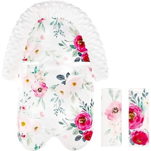 TANOFAR Baby Car Seat Insert and Strap Covers, Gray Carseat Head Support for Girls, Soft Unisex Cushion Fit for Car Seats, Stroller, Bouncers, (Flower)