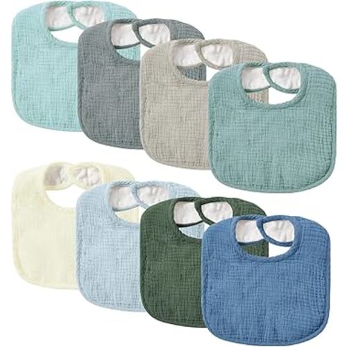 JELLYMONI Muslin Baby Bibs 8 Pack Baby Bandana Drool Bibs for Unisex Boys Girls, 100% Cotton Solid Colors Soft Square Teething Bibs for Newborn
