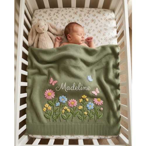 Personalized Baby Blanket For Girl, Custom Name Hand Embroidered Flower Nursery Gift, BBLE05