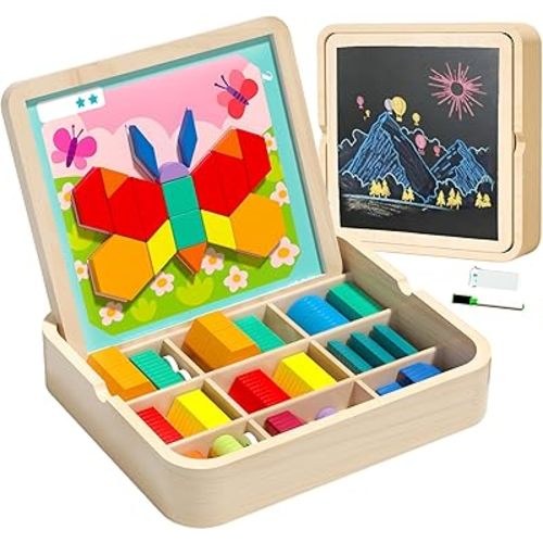 248 Pcs Wooden Magnetic Pattern Block Set with Cards, Pen & Storage Bag, Montessori STEM Tangram Puzzle Toys for Ages 4 5 6 7 8, Educational Brain Teaser Gift for Boys Girls