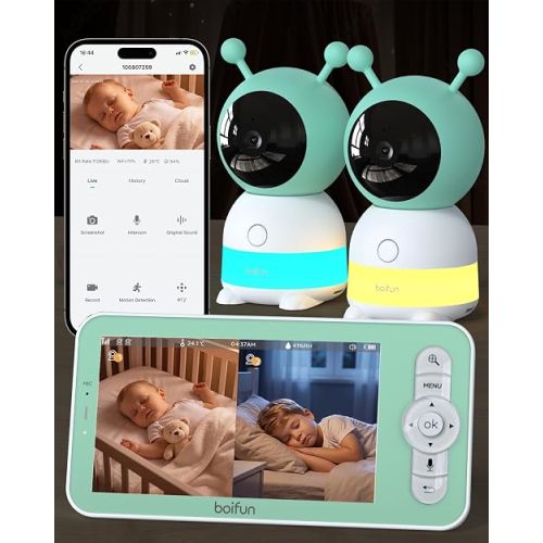 BOIFUN 2K WiFi Baby Monitor with Phone App, 5" Screen,Night Light,2 Cameras