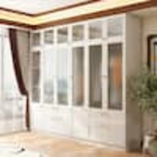 FUFU&GAGA Light Oak Wood 94.5 in. Bedroom Wardrobe with Frosted Glass Doors, Hanging Rod, and Multiple Storage Drawers ZN-020386+8+410