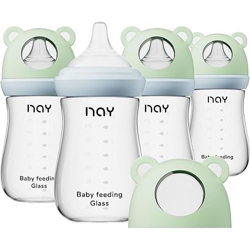 Natural Glass Baby Bottle for Breastfeeding Babies, 8oz Anti-Colic Baby Bottle with Natural Response Nipple(M), Clear, Wide Neck, 4 Pack, 3 Months+