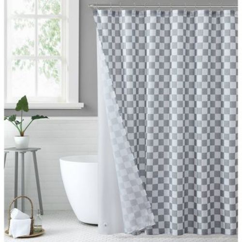 Jade + Oake 14pc Checkered Shower Curtain Set Gray: Includes Liner & Hooks, Dobby Polyester, Machine Washable