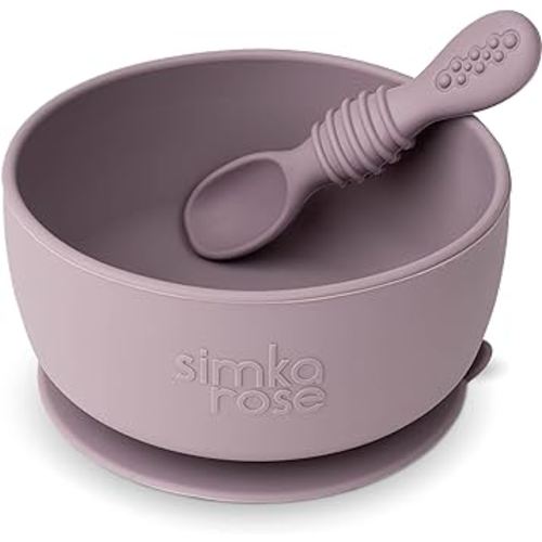 Simka Rose Baby Bowl and Spoon Set, Suction Bowls for Toddler, BPA-Free Silicone, Dishwasher and Microwave Safe Feeding Supplies (Lilac)