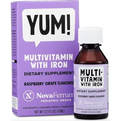 NovaFerrum Yum | Multivitamin with Iron for Infants, Toddlers & Kids Ages 4 & Under | Immune Support | Gluten Free Certified | Sugar Free | Raspberry Grape | 50 Servings