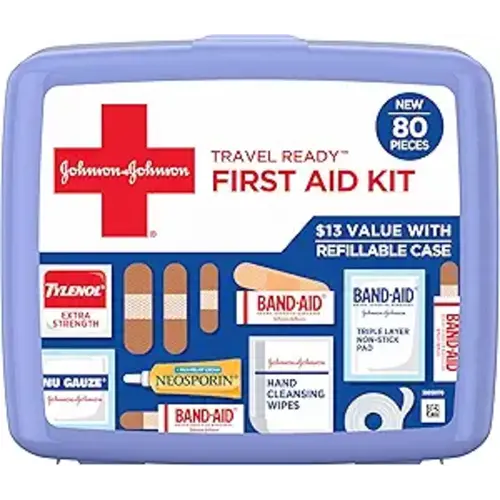 BAND-AID Brand Travel Ready Portable Emergency First Aid Kit for Minor Wound Care, Perfect for Home, Car, Travel, Camping Essentials & Outdoor Emergency Kit, 80 Pieces