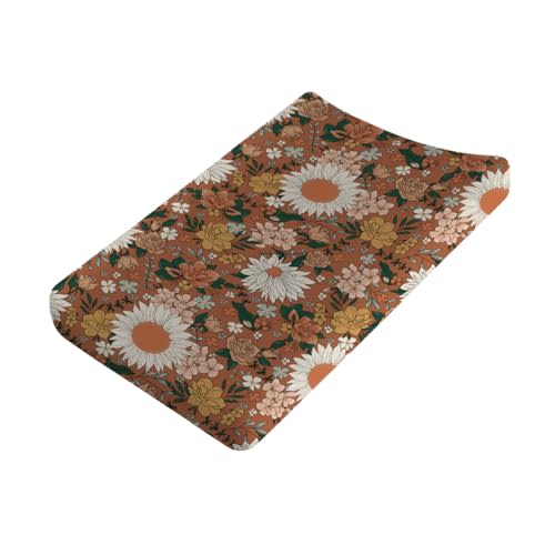 Retro Boho Wild Floral Changing Pad Covers Vintage Flowers Leaves Diaper Changing Table Sheets for Girl Spring Summer Watercolor Blossoms Soft Breathable Stretchy Changing Pad Sheets Mats 32''x16''