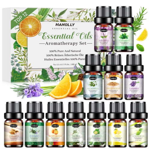 Hanolly Essential Oils Set, Hypoallergenic Aromatherapy Oils for Diffuser, Humidifier, Massage, Skin Care, 12 Pack, 5 ml